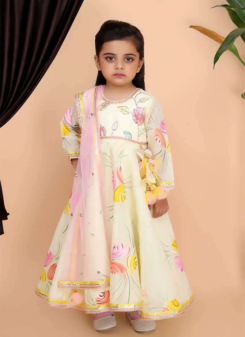 Cream Georgette Printed N Embroidery Gown With Dupatta