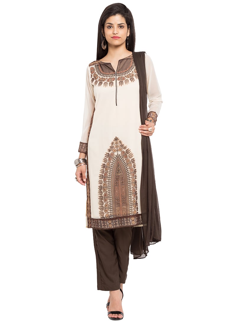 Cream Georgette Printed Straight Pant Suit After Six Wear
