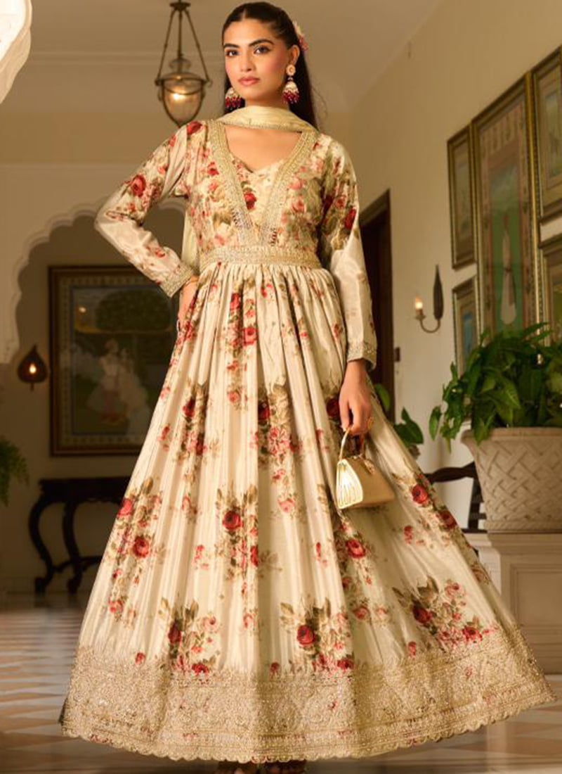 Cream Georgette Printed Zari Embroidered Sequins Anarkali Suit Festive Wear
