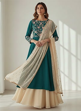 Cream Georgette Resham Zari Sequins Hand Embroidered A Line Lehenga