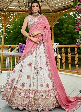 Cream Georgette Sequins Embroidered Cut Work Zari Lehenga Set Wedding Wear
