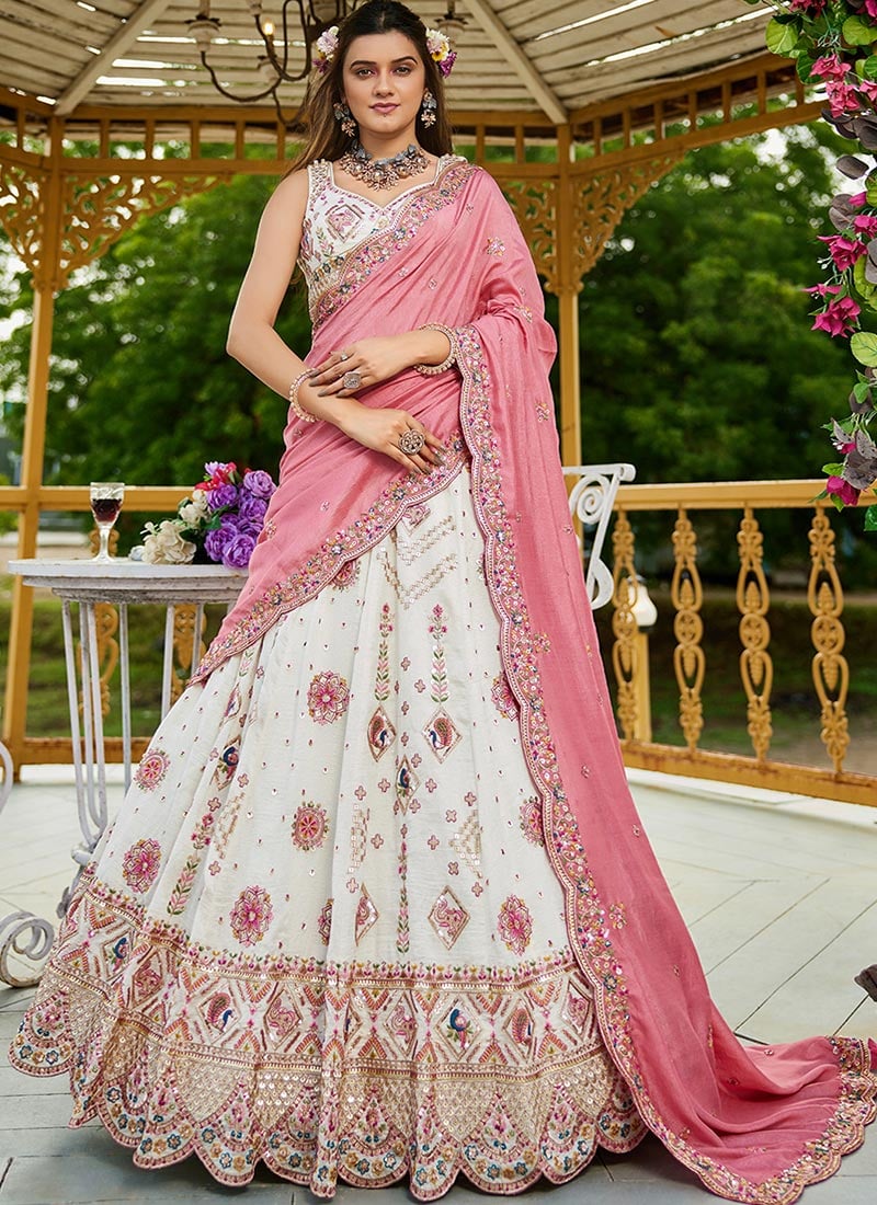 Cream Georgette Sequins Embroidered Cut Work Zari Lehenga Set