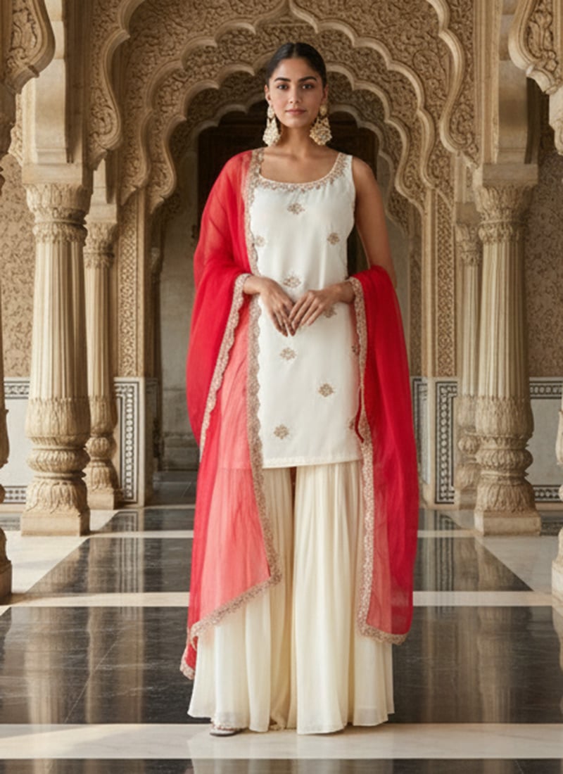 Cream Georgette Zari And Sequins Hand Embroidered Palazzo Suit Festive Wear