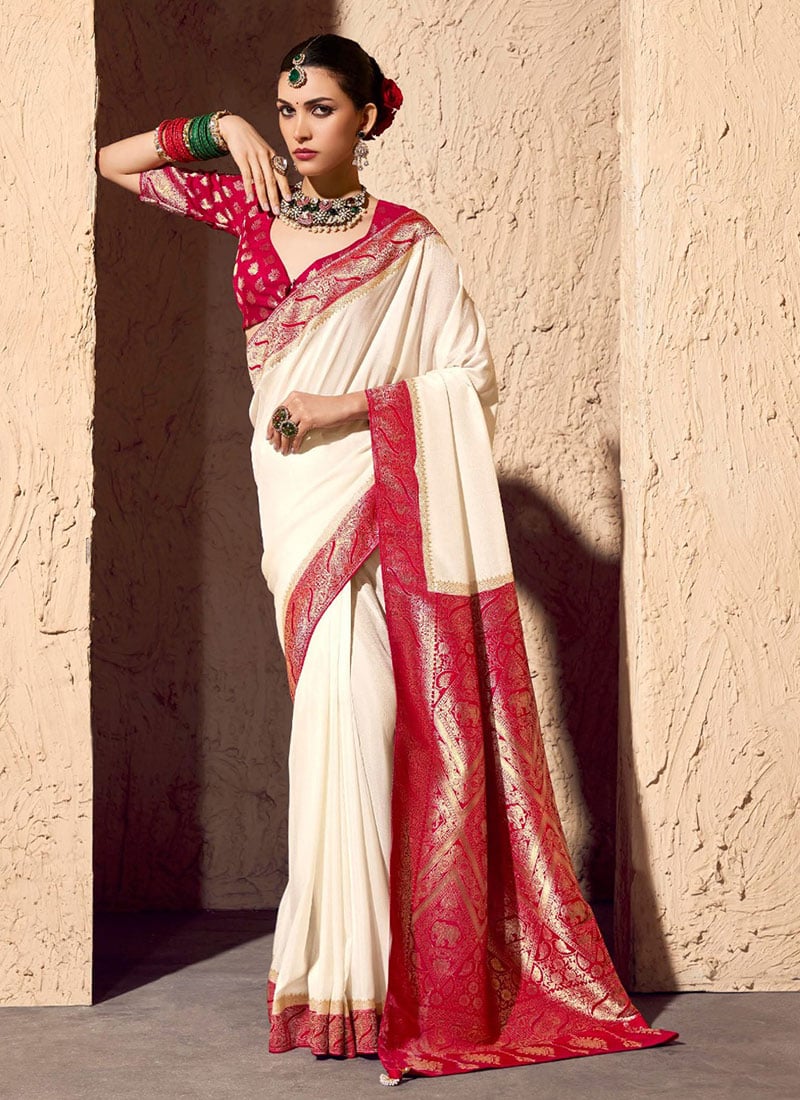 Cream Georgette Zari Embroidered Saree Festive Wear