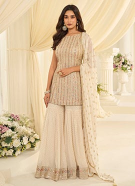 Cream Georgette Zari Embroidered Sequins With Stone Sharara Suit