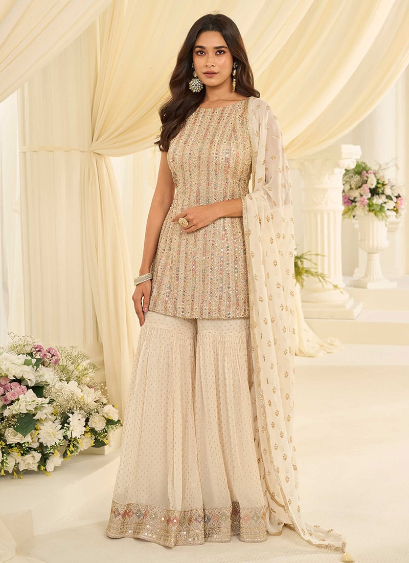 Cream Georgette Zari Embroidered Sequins With Stone Sharara Suit Festive Wear