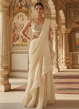 Cream Georgette Zari Hand Embroidered With Mirror Work Ruffled Saree