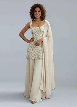 Cream Georgette Zari Sequins Palazzo Suit