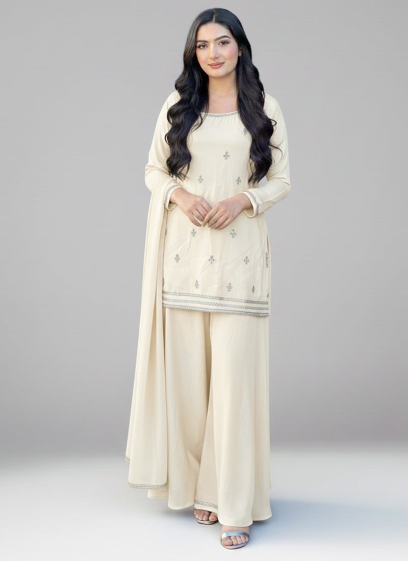 Cream Georgette Zari Sequins Palazzo Suit Festive Wear