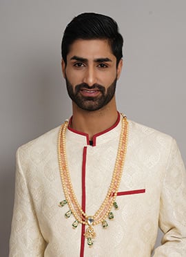 Cream Gold Plated Kundan Pearl Beads Long Necklace For Men