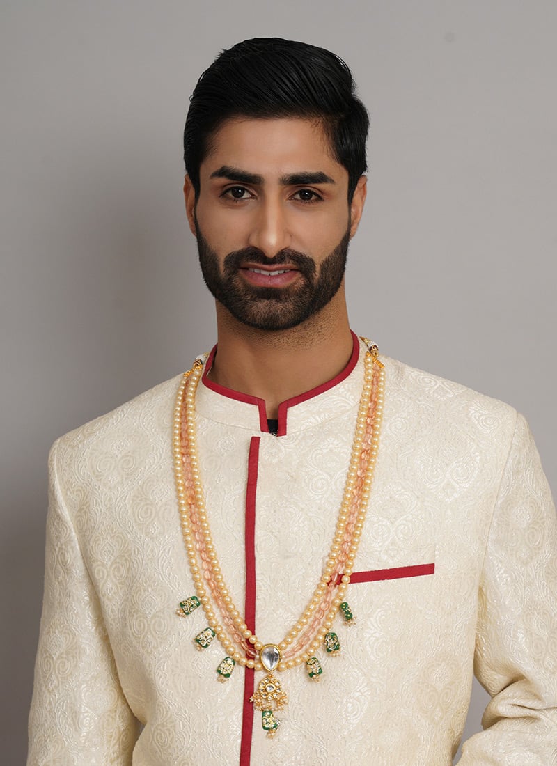 Cream Gold Plated Kundan Pearl Beads Long Necklace For Men Wedding Wear