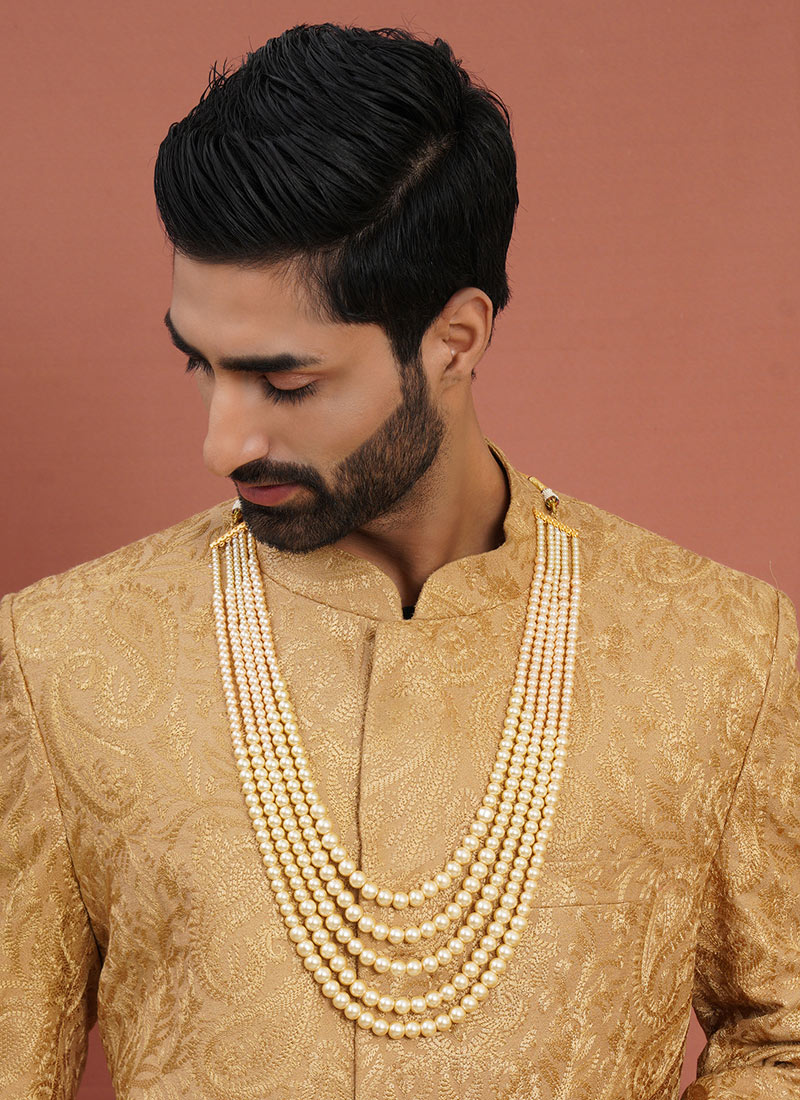Cream Gold Plated Pearl Necklace For Men Wedding Wear