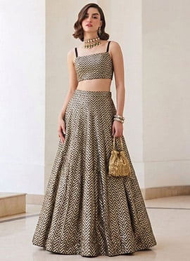 Cream Gold Silk Jacquard Embroidered Sequins Indowestern Skirt Set