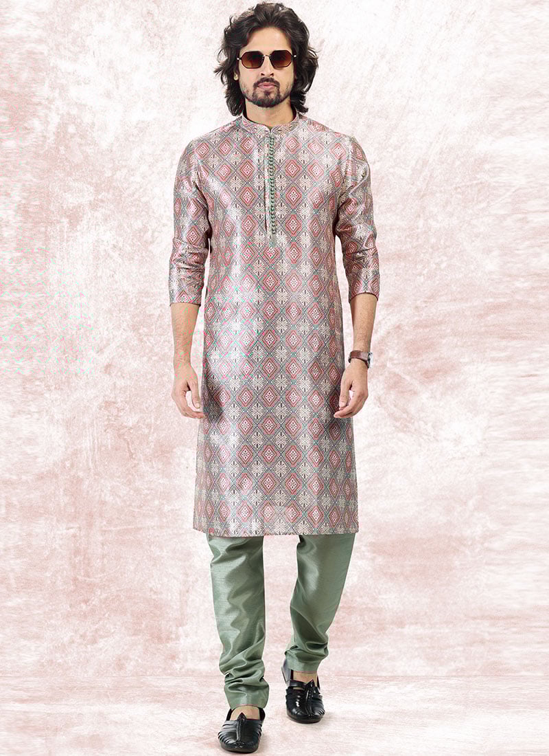 Cream Green Banarasi Silk Jacquard Kurta Pyjama Party Wear