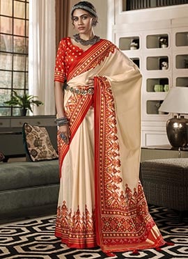 Cream Handloom Silk Patola Print Saree