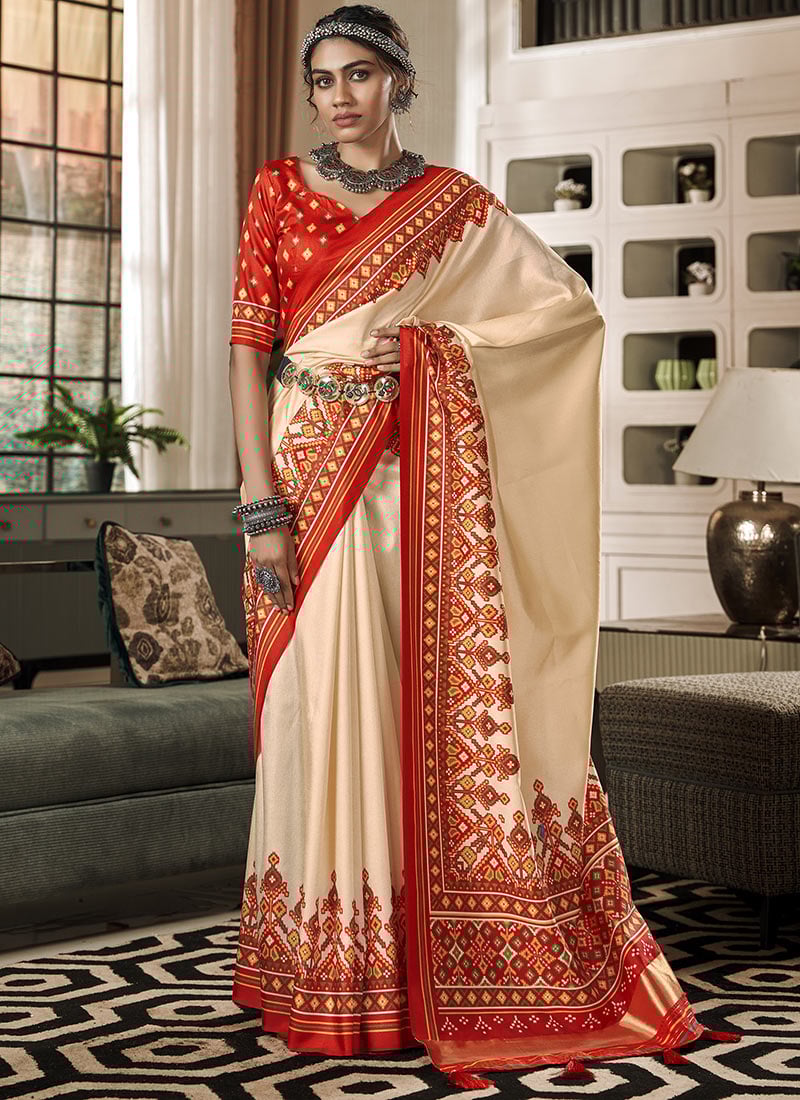 Cream Handllom Silk Patola Print Saree Festive Wear