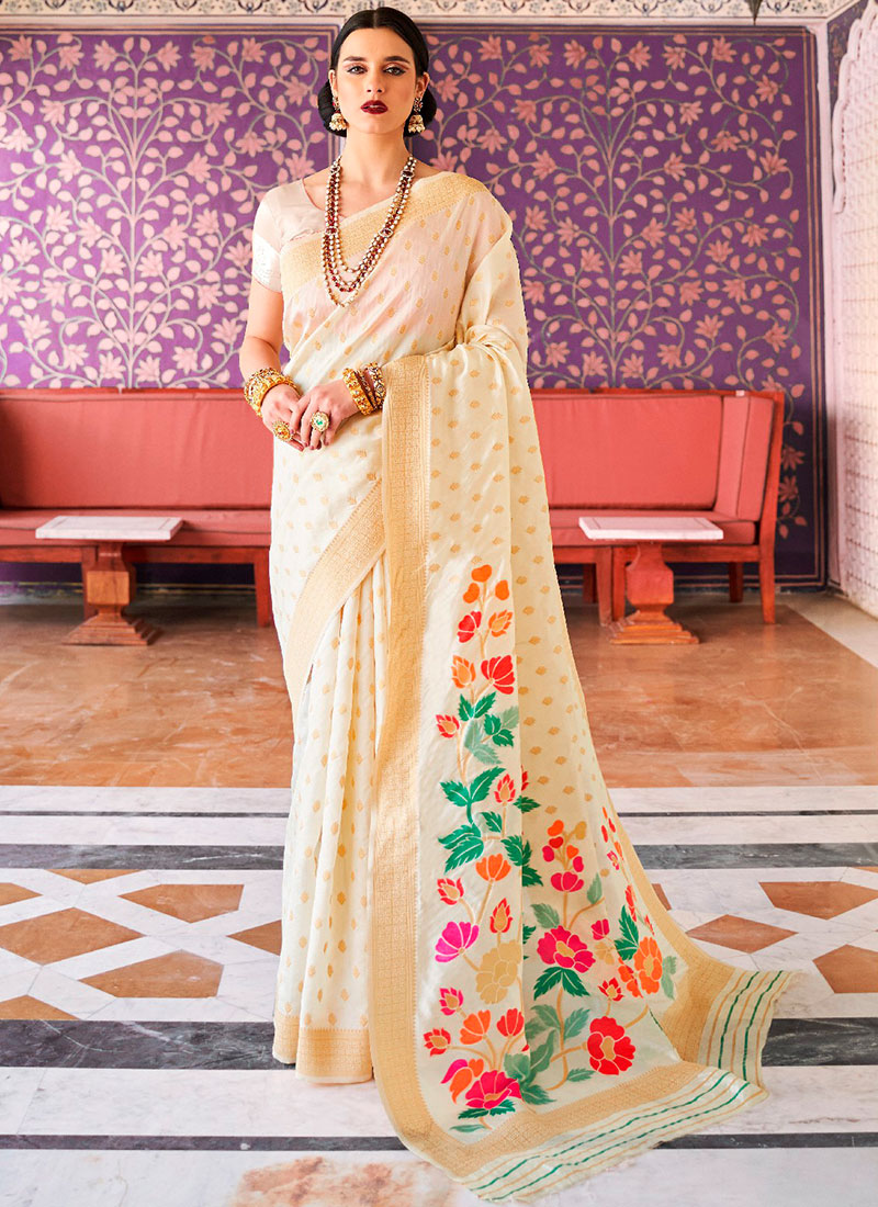 Buy Cream Handloom Silk Saree, Handloom, sari Online Shopping SASRK96304