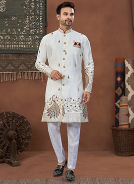 Cream Imported Silk Fine Embroidered Sequins Indowestern Sherwani