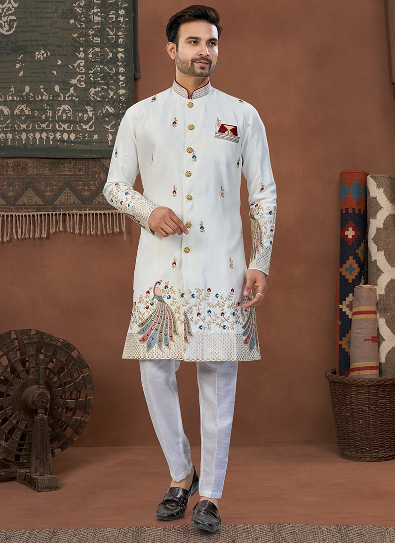 Cream Imported Silk Fine Embroidered Sequins Indowestern Sherwani Wedding Wear