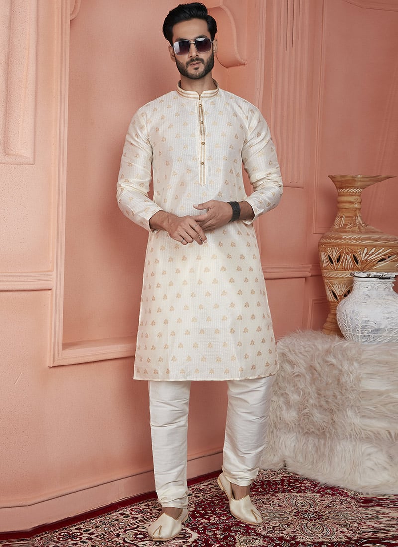 Cream Jacquard Banarasi Silk Zari Work Kurta Pyjama For Men Festive Wear