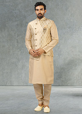 Cream Jacquard Benarasi Silk Bandi Set
