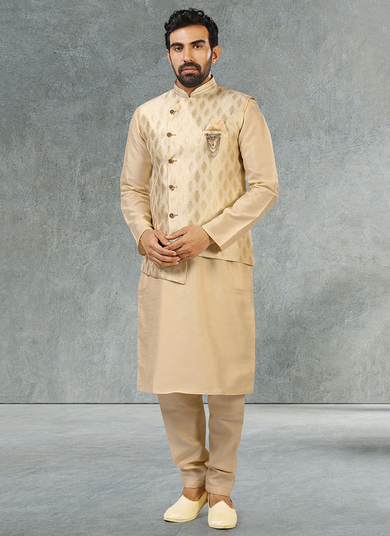 Cream Jacquard Benarasi Silk Bandi Set