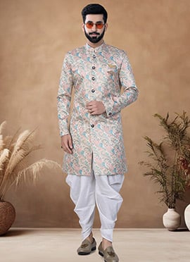 Cream Jacquard Digital Print Indowestern Sherwani
