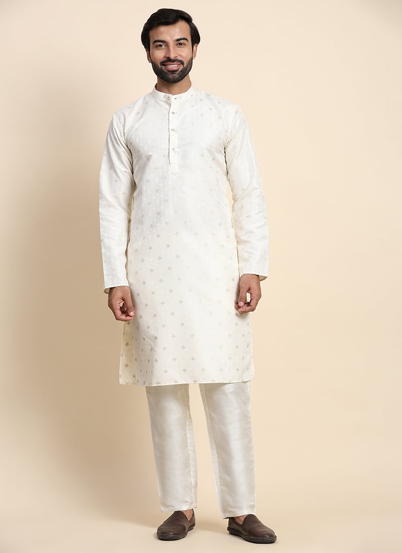 Cream Jacquard Embroidered Kurta