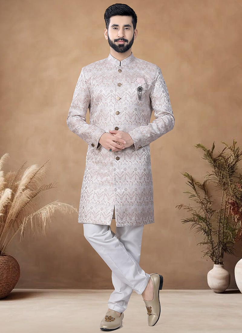 Cream Jacquard Indowestern Sherwani Wedding Wear