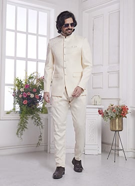 Cream Jacquard Silk Beads Hand Work Jodhpuri Blazers