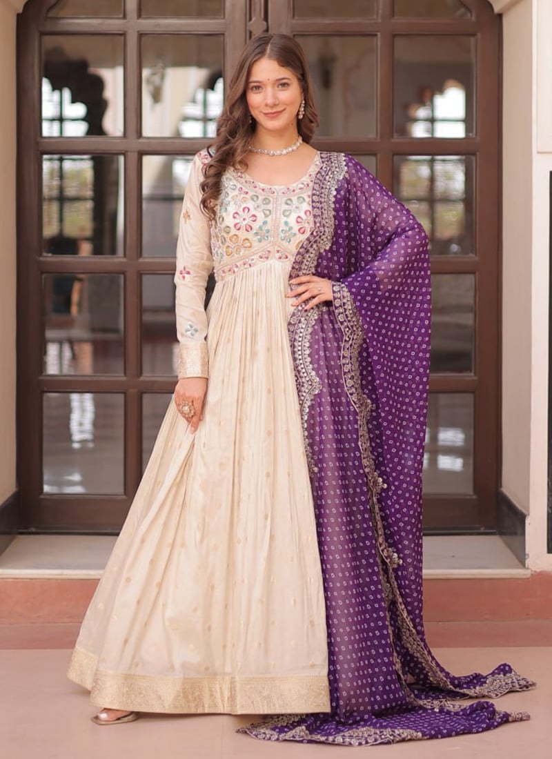 Cream Jacquard Silk Beads Sequins Embroidered Anarkali Suit Festive Wear
