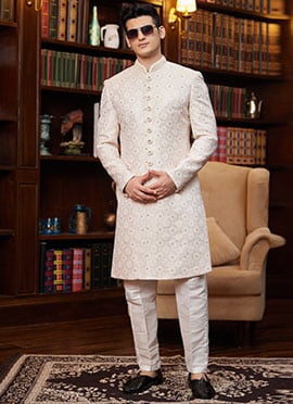 Cream Jacquard Silk Beads Sequins Hand Work Indowestern Sherwani