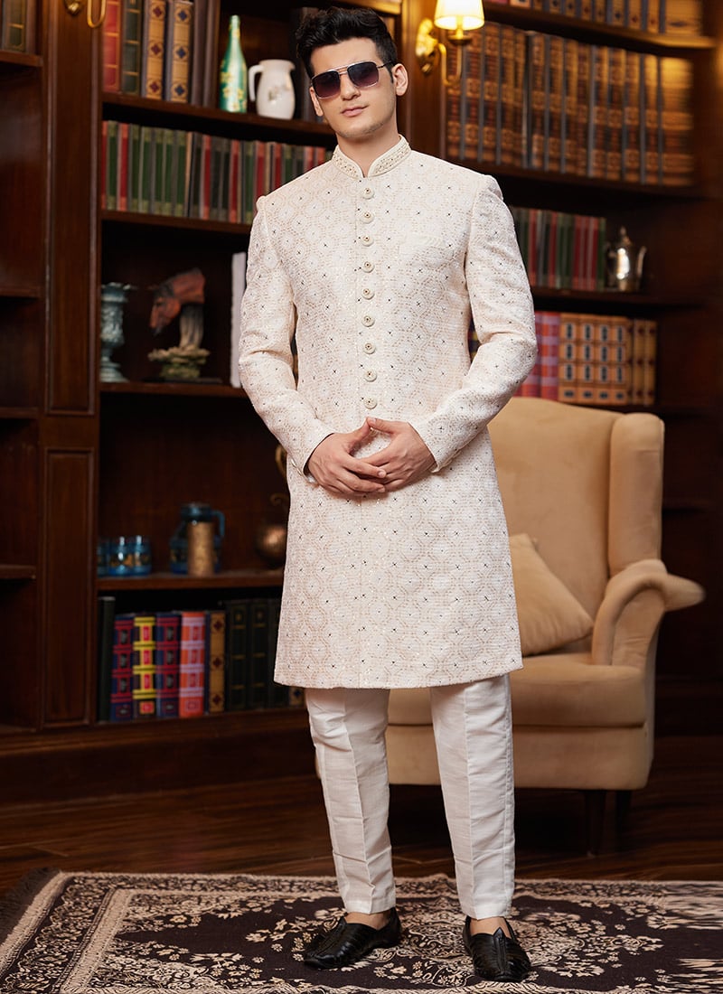 Cream Jacquard Silk Beads Sequins Hand Work Indowestern Sherwani Wedding Wear