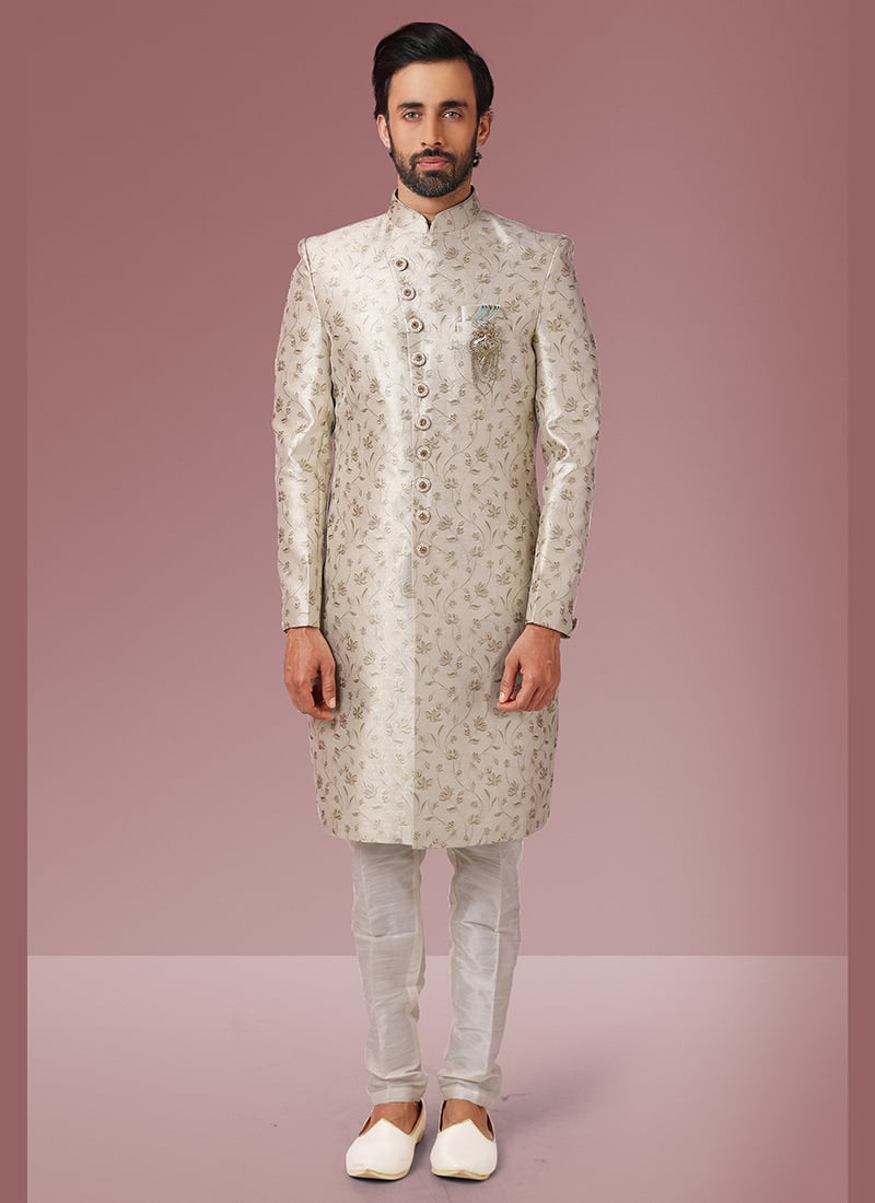 Cream Jacquard Silk Brocade Classic Sherwani Wedding Wear
