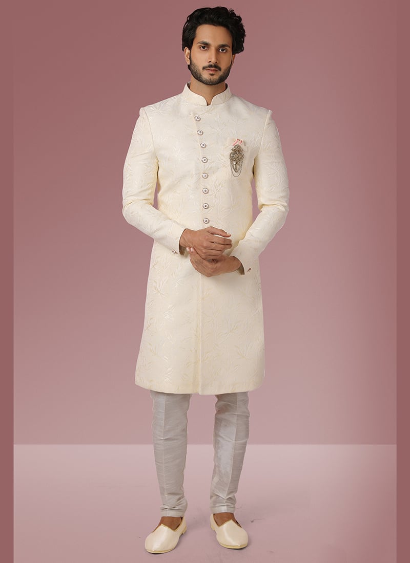 Cream Jacquard Silk Brocade Classic Sherwani Wedding Wear