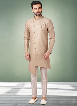 Cream Jacquard Silk Brocade Indowestern Sherwani