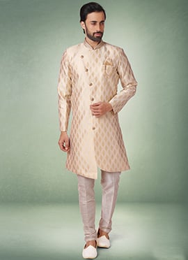 Cream Jacquard Silk Brocade Indowestern Sherwani