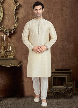 Cream Jacquard Silk Brocade Kurta Pyjama