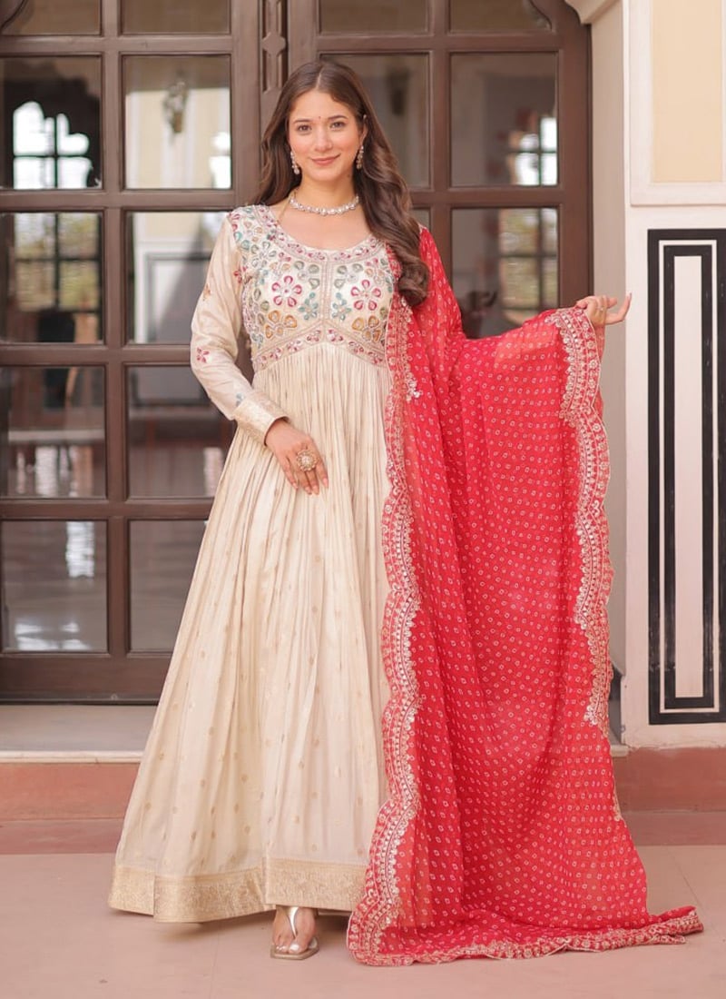 Cream Jacquard Silk Embroidered Beads Sequins Anarkali Suit Festive Wear