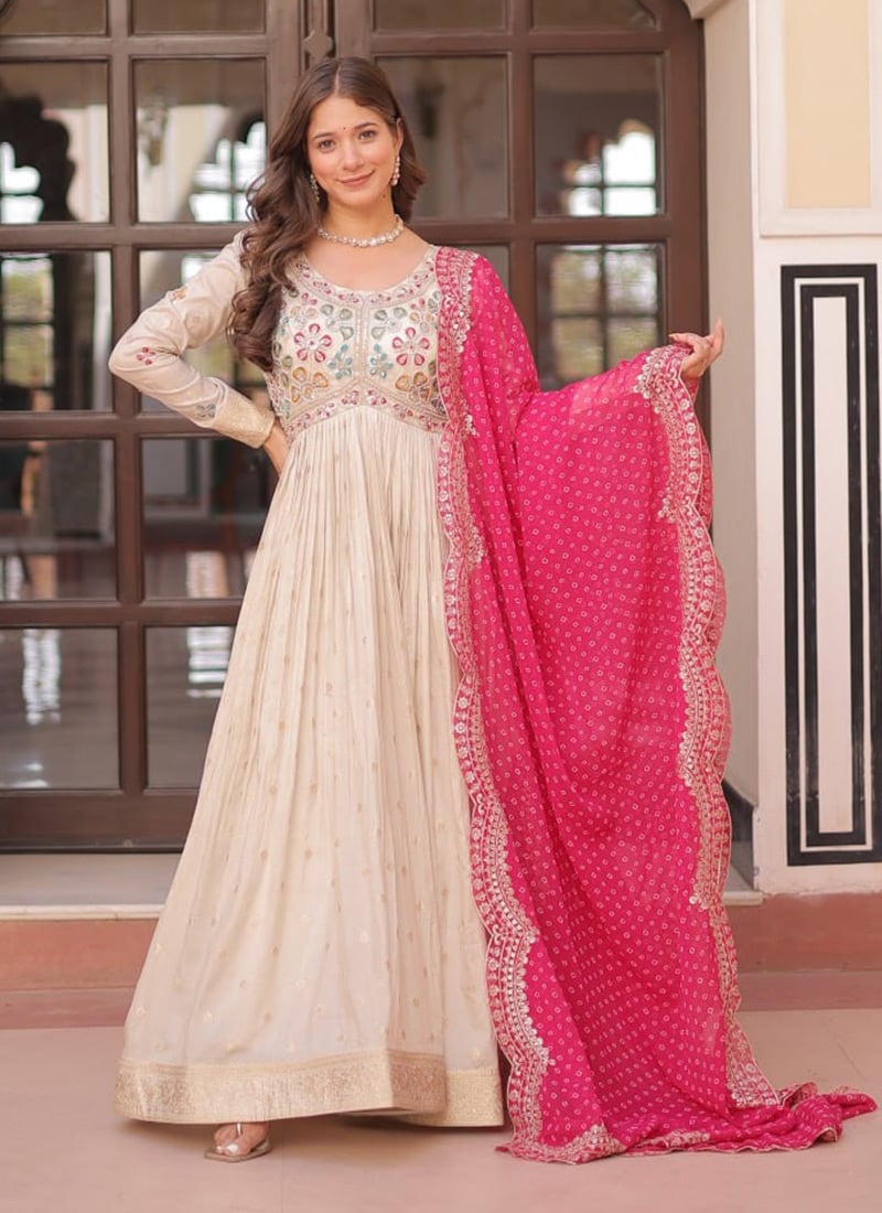 Cream Jacquard Silk Embroidered Sequins Beads Anarkali Suit Festive Wear