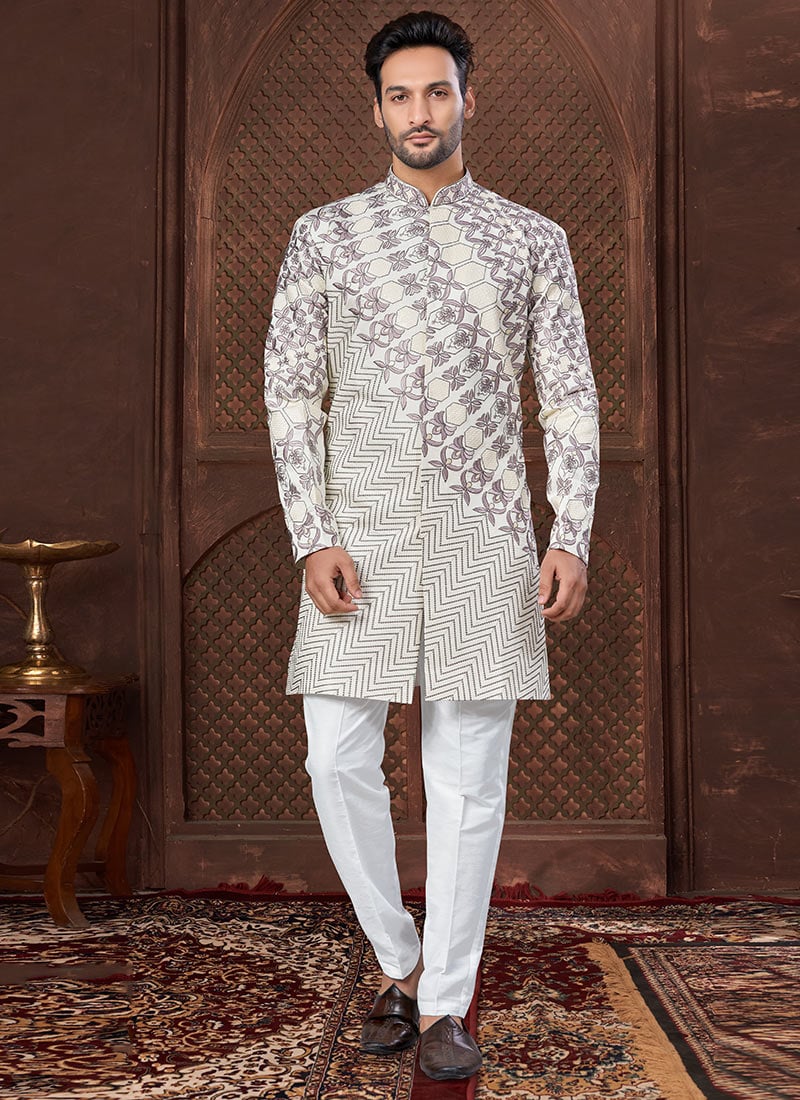 Cream Jacquard Silk Embroidered Sequins Indowestern Sherwani Wedding Wear-SHMSGR5956