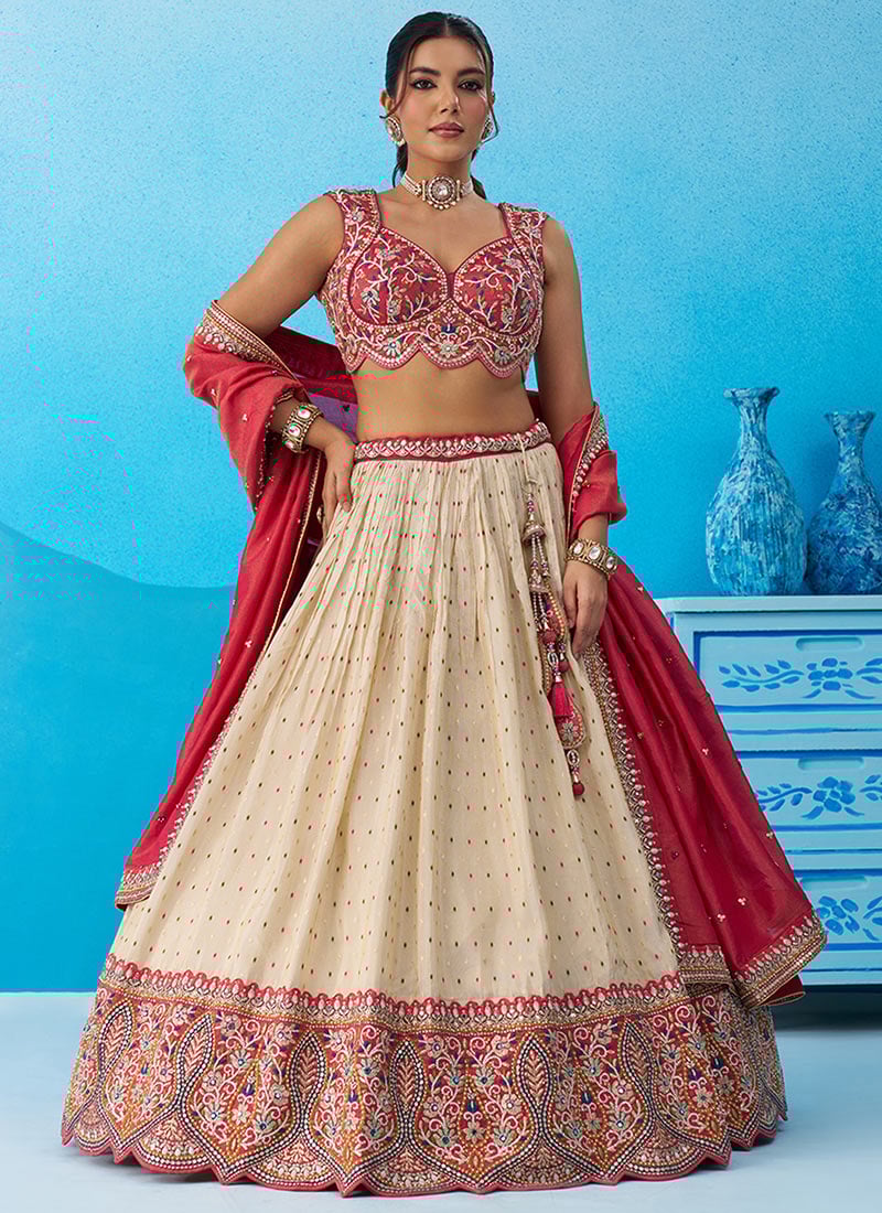 Cream Jacquard Silk Embroidered Sequins Moti Zari Mirror Work Lehenga Wedding Wear