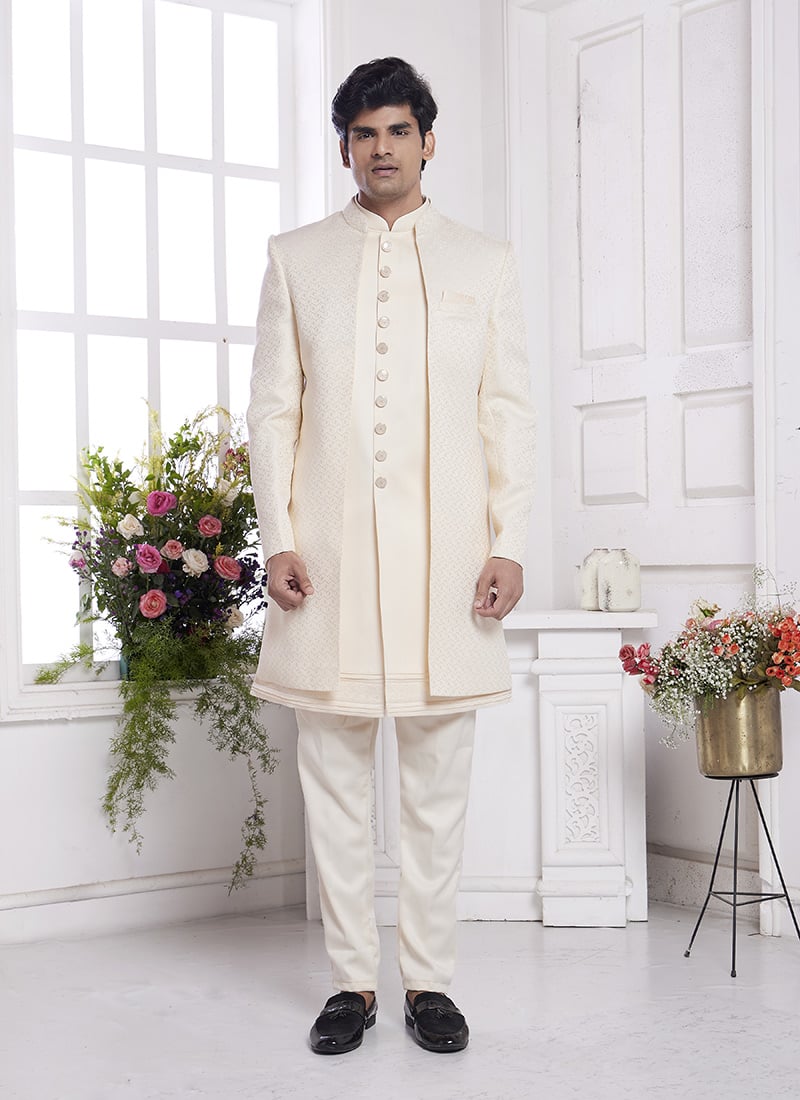 Cream Jacquard Silk Indowestern Jacket Sherwani Set