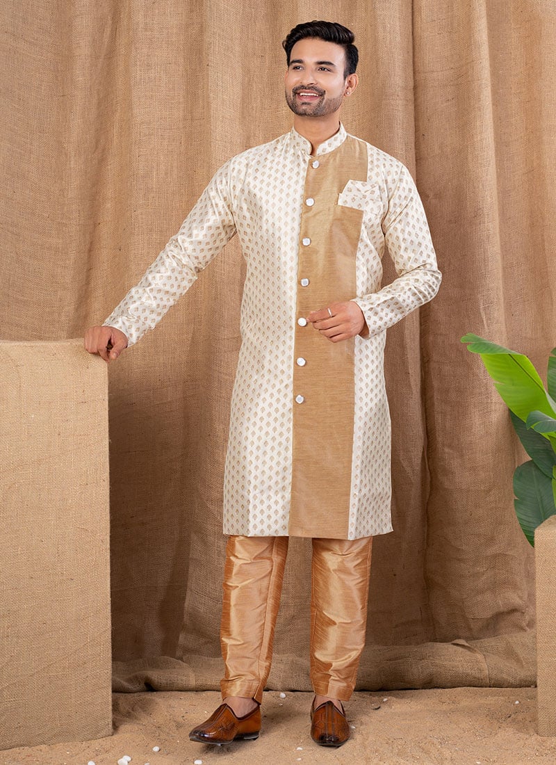 Cream Jacquard Silk Indowestern Sherwani