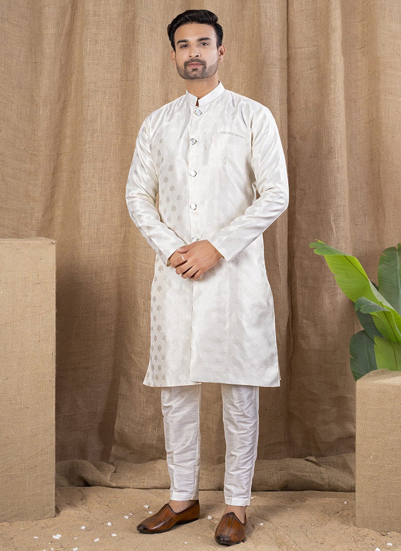 Cream Jacquard Silk Indowestern Sherwani Festive Wear