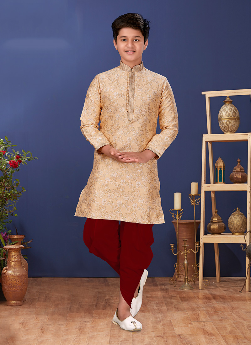 Cream Jacquard Silk Kurta Pyjama