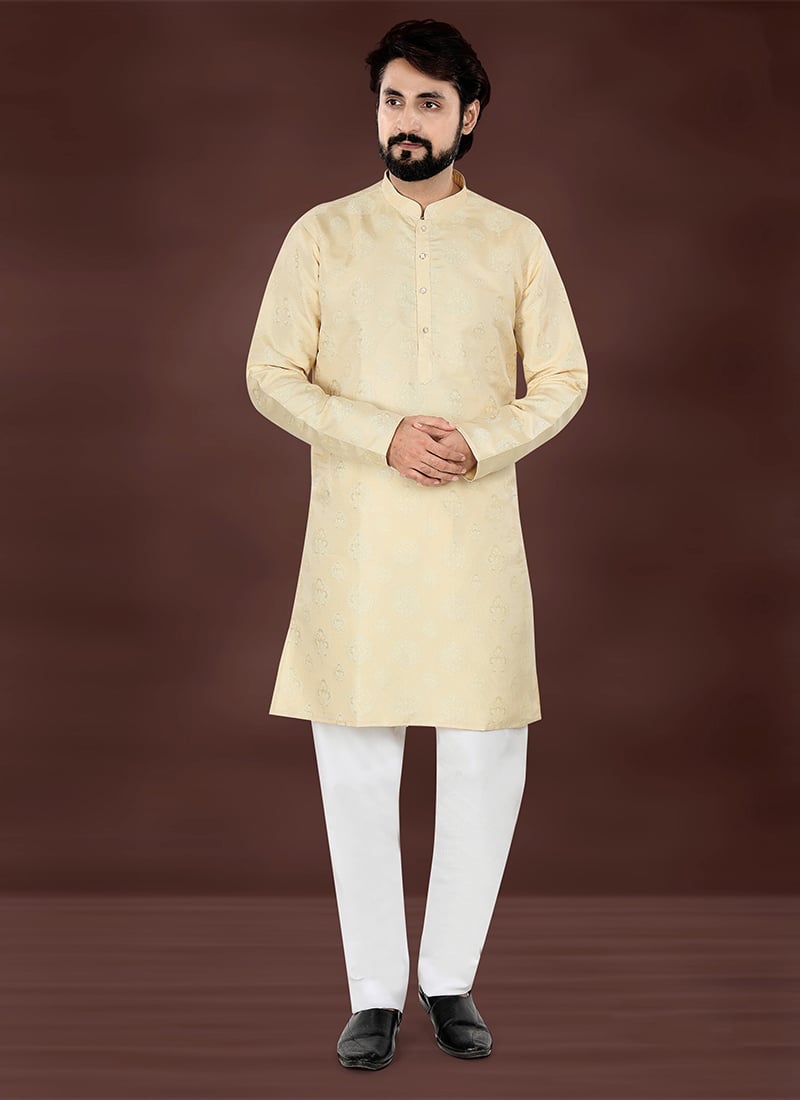 Cream Jacquard Silk Kurta Pyjama Festive Wear