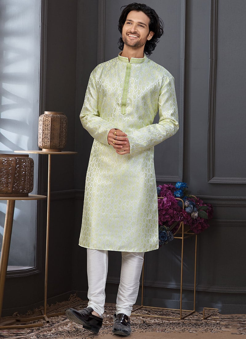 Cream Jacquard Silk Kurta Pyjama Festive Wear