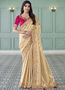 Cream Jacquard Silk Sequins Zari Stones Thread Coding Embroidered Saree