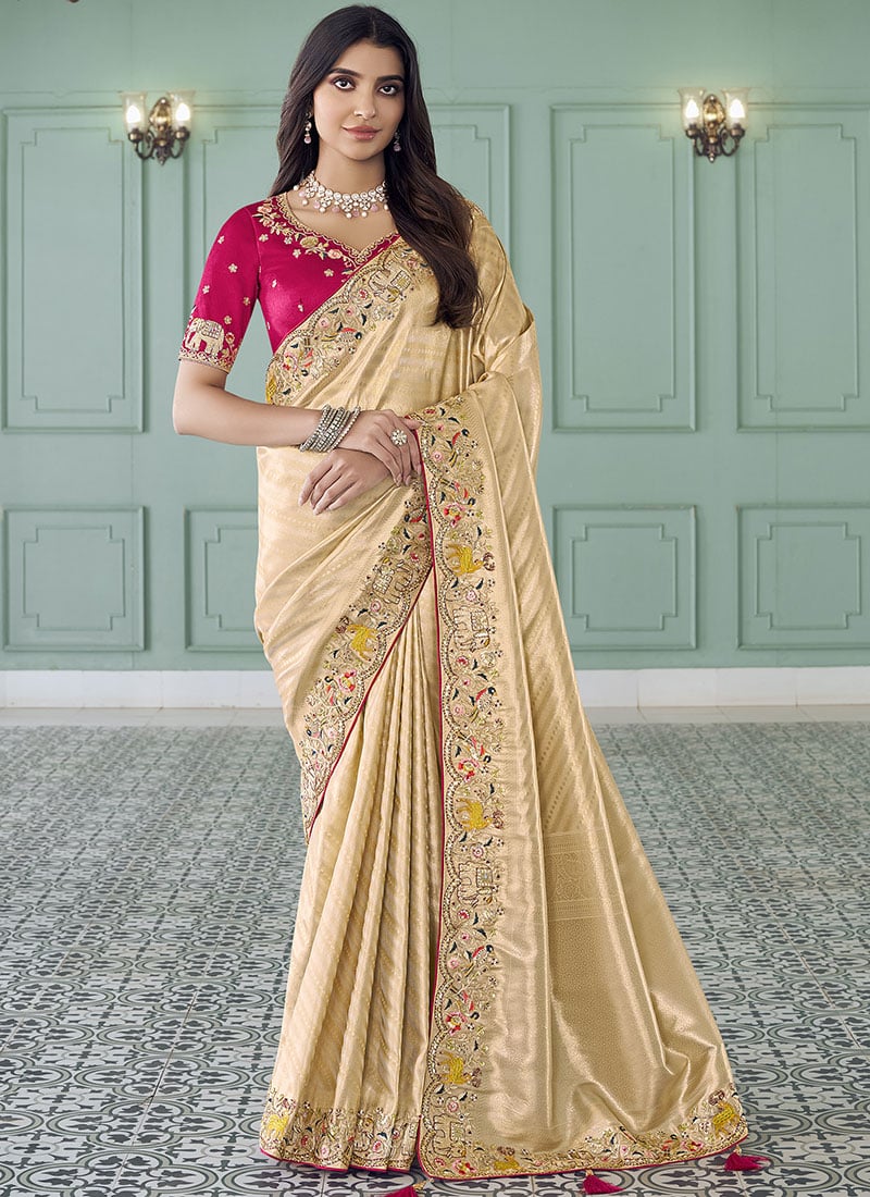 Cream Jacquard Silk Sequins Zari Stones Thread Coding Embroidered Saree Wedding Wear